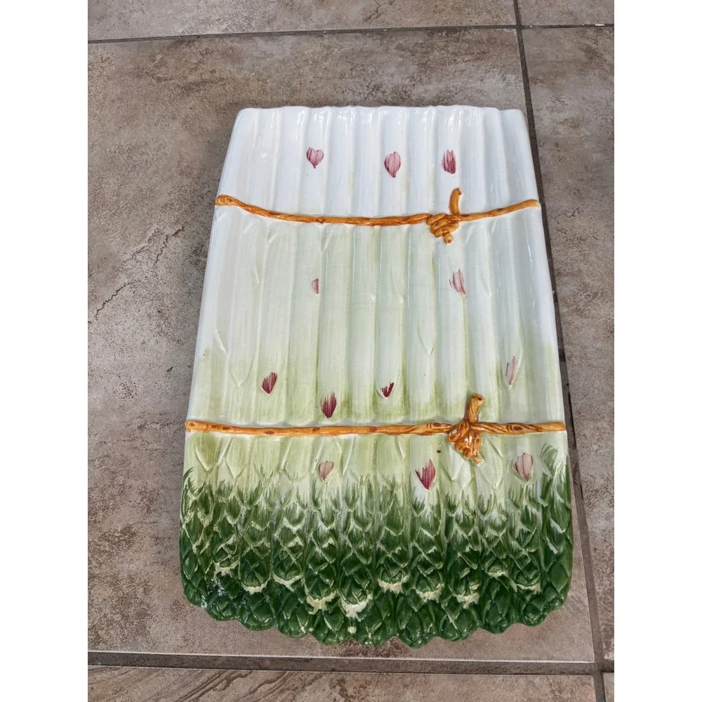 Sur La Table Italy Asparagus Server Set Majolica Ceramic Platter & Drainer 2pc